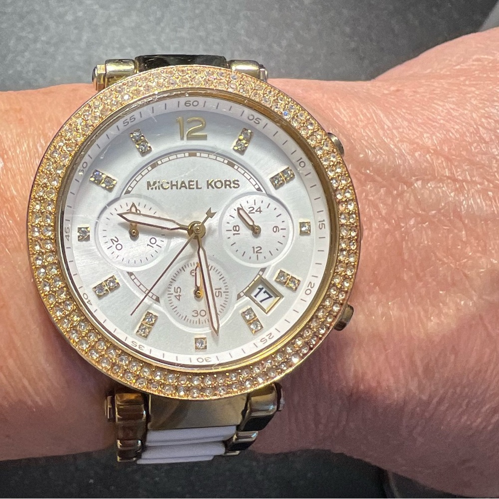Michael Kors Parker Chronograph Watch MK6119 Gold Tone White Acetate Links